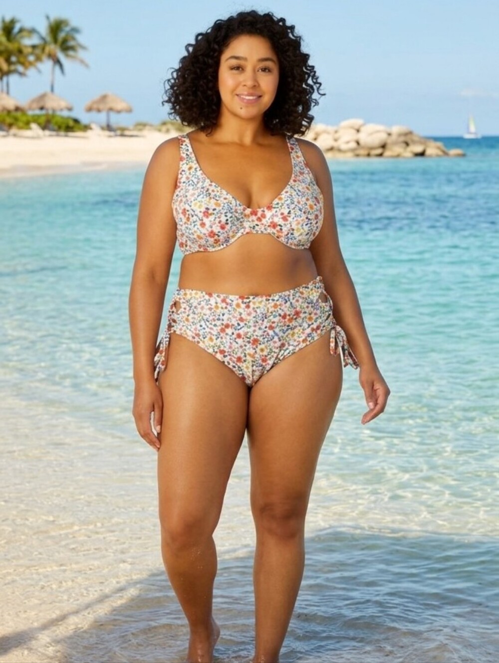 Time & Tru Women's Plus  Floral Print Bikini Top/High Waist Side Cut Out…